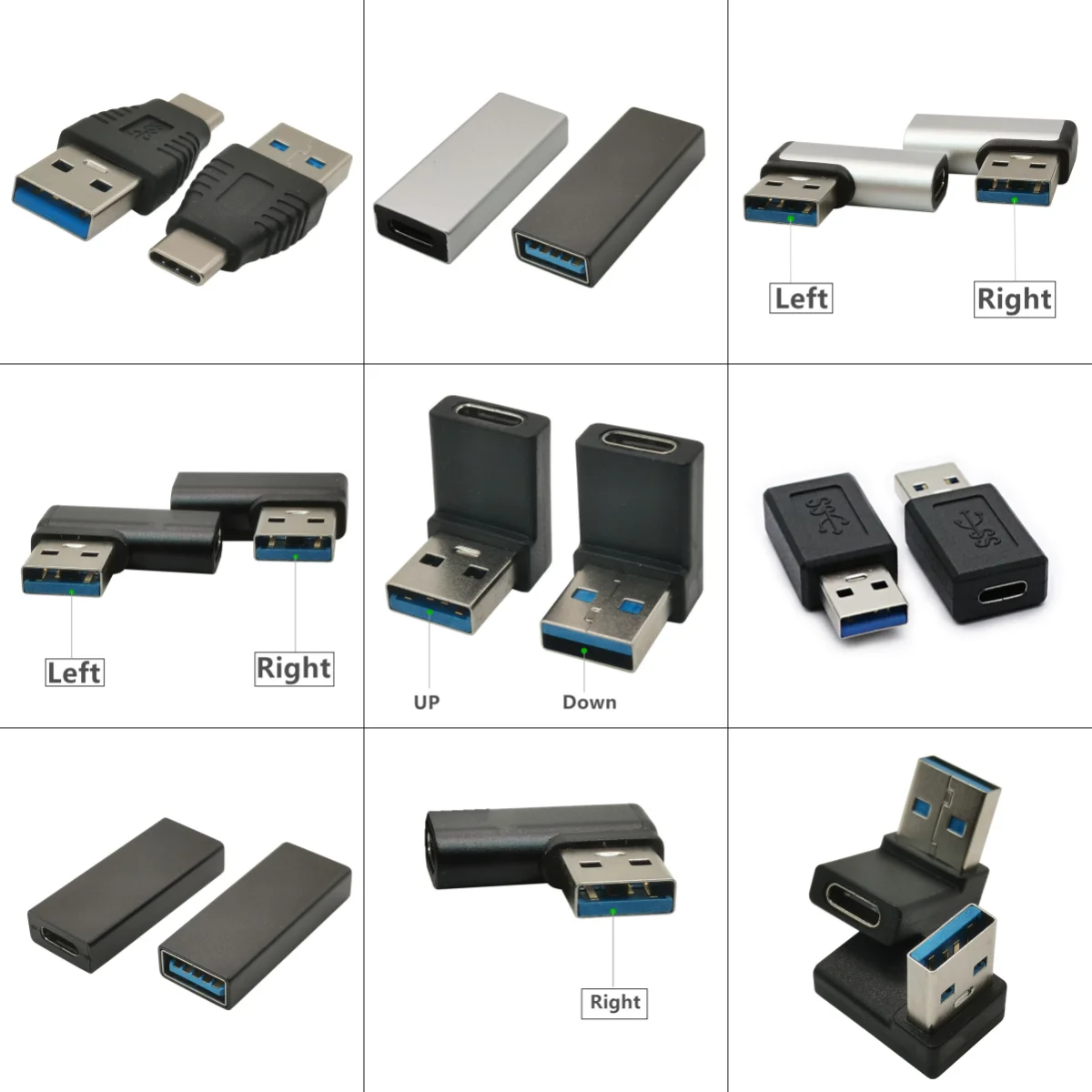 90 Degree USB to USB C Adapter (4 Pack), Up and Down Angle, Left and Right Angle A Male to Type C Female Extender Connector