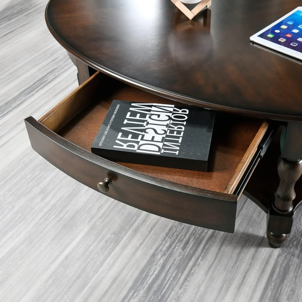 MODERION Coffee Table with Drawer, Solid Wood Oval Center Table with Storage Shelf, Traditional Living Room Table