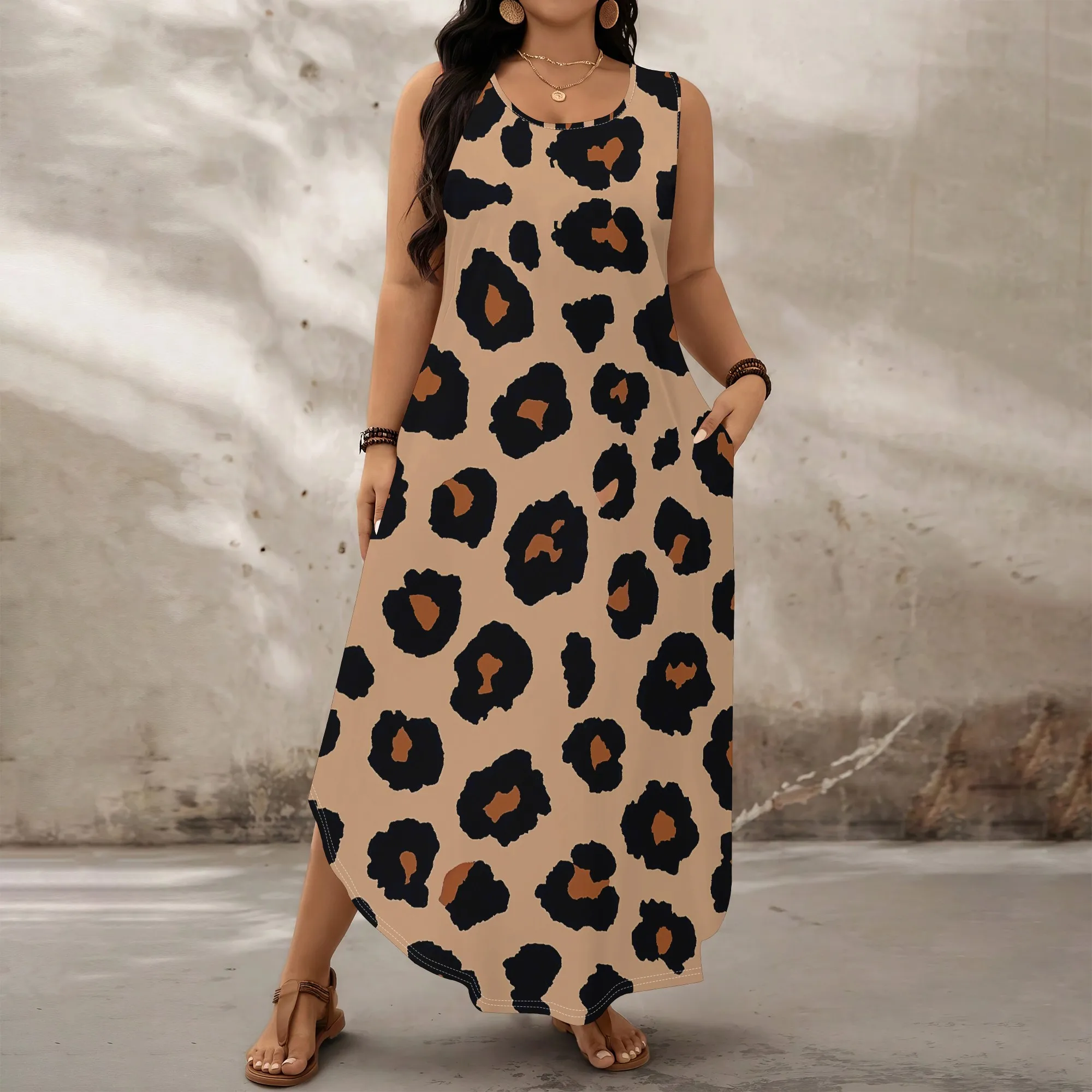 

Leopard Print Plus Size Dress XL‑6XL Sleeveless Loose Fit Maxi Style with Pockets for Summer Vacation, Beach or Casual Day Look