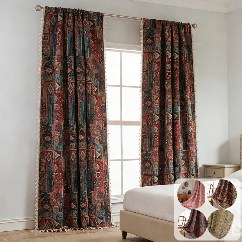 

Retro Ethnic Style Curtains Perforated Living Room and Bedroom Privacy Curtains Printed Tassel Home Blackout Decorative Curtains