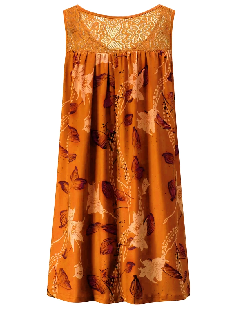 Plus size women's sleeveless round neck A-line dress with contrasting lace border floral print - knee length machine washable, c