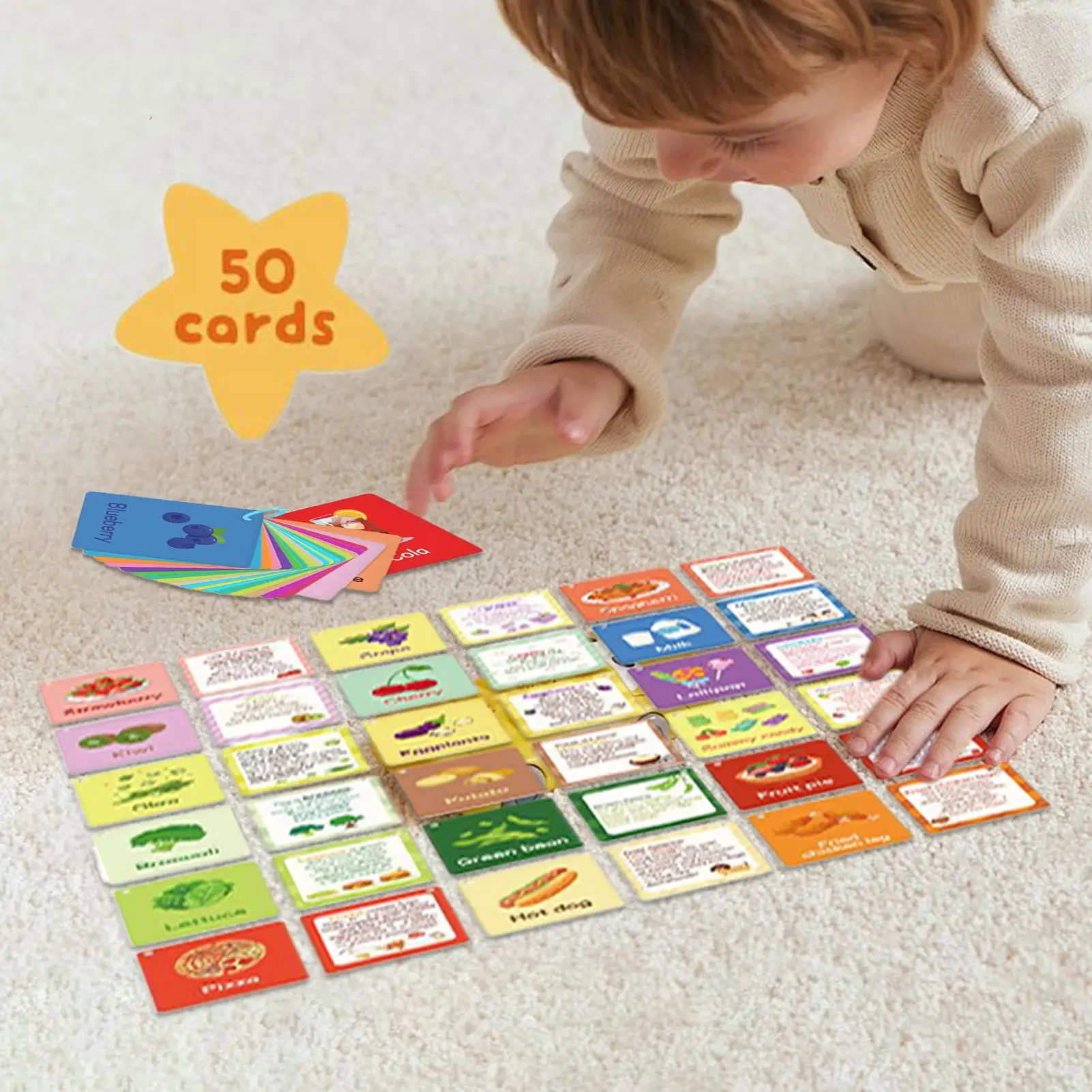 

Learning Cards Food Themed Flash Cards For Toddler 50 Pieces Double-Sided Education Game Activities For Baby Kids Girl School