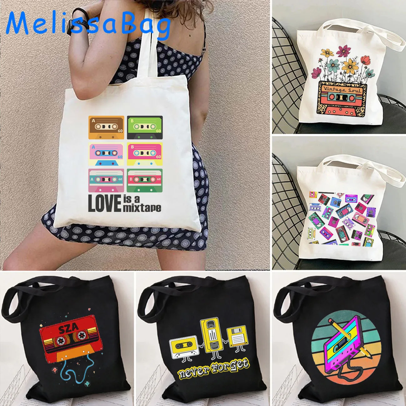 Vintage 1960 1985 Cassette Tape Retro 70's 80's 90's Music Cute Birthday Gifts Canvas Shoulder Tote Bag Harajuku Cotton Handbags