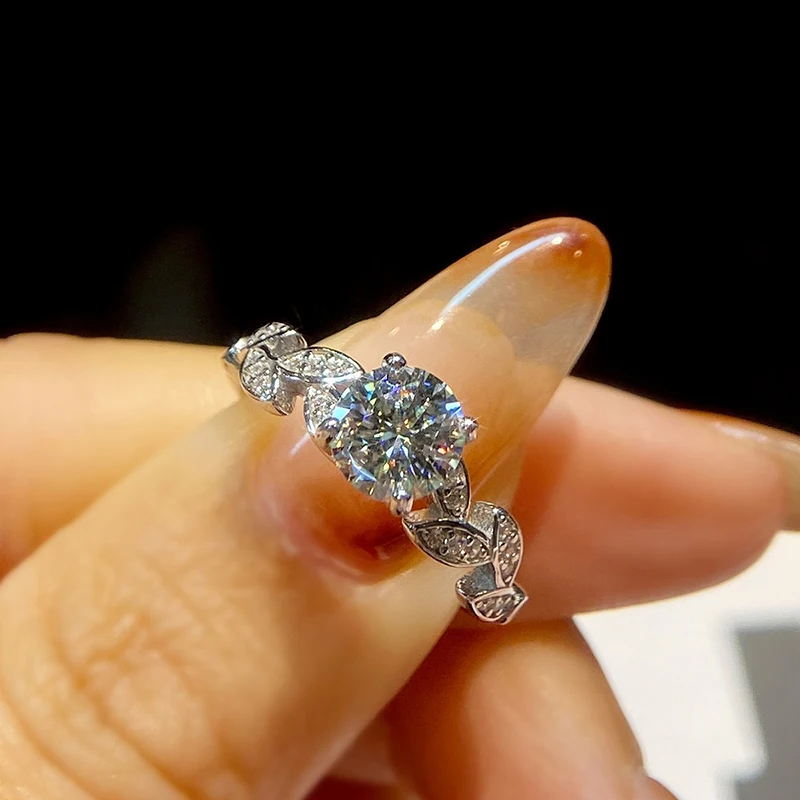 

KNB 1CT Round Moissanite Diamond with Certificate Leaves Ring for Women Daily Wear Real 925 Sterling Silver Fine Jewelry