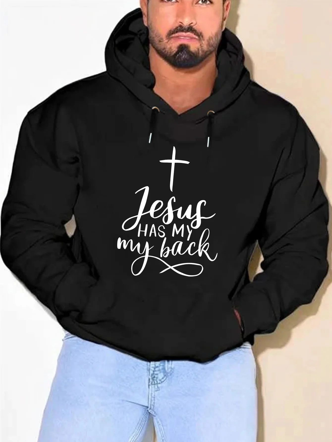 

A large-sized hoodie with the print "Jesus is behind me" - a casual knitted hoodie, a simple fall-winter fashionable sweater