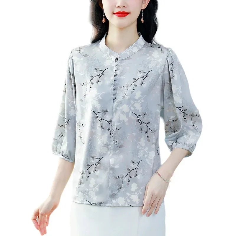 Satin Women's Blouses Korean Vintage Shirts FASHION Loose Spring/Summer Clothing Printed Short Sleeve Women Tops