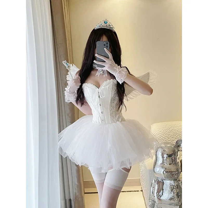 Koreaanse Sexy Fee 2-delige Set Vrouwen Witte V-Hals Hemdje Crop Tops Mesh Tutu A-Rok Pak Halloween Party Angel Cosplay Kostuum