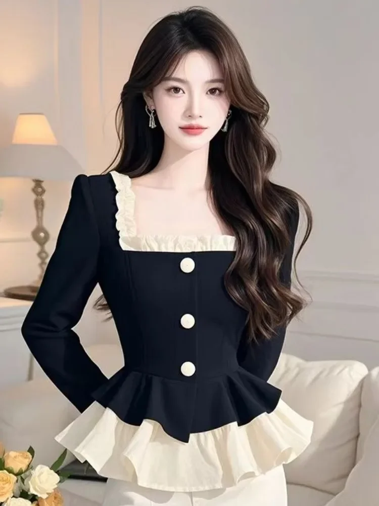 

Wooden Square Collar Black Shirts Women Spring Western Slim Long sleeve Top Unique Beautiful Skirt E7654