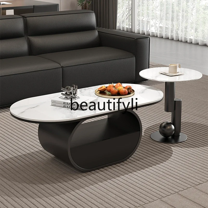 

Italian light luxury modern minimalist oval with storage rock slab coffee table combination
