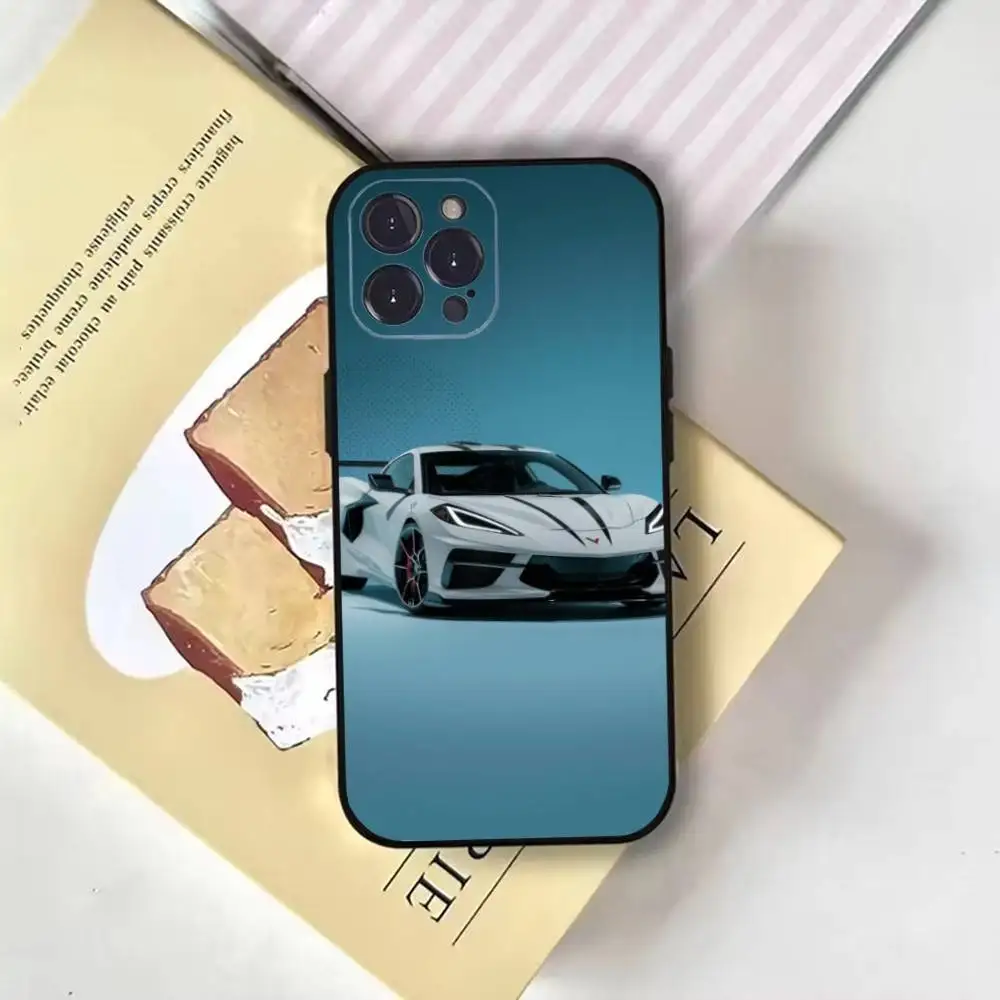 حافظة هاتف عصرية رائعة C-CorvetteS C8 C6 لهاتف iPhone16,15,14,13,12,11 Plus,Pro Max,XS,X,XR,SE,Mini,8,7,Soft Black Cover