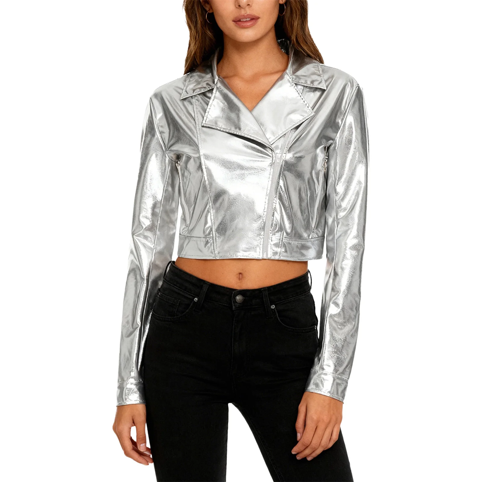 Womens Biker Motor Cropped Jacket Long Sleeve Side Zipper Crop Outerwear Metallic Shiny Jacket Tops Notch Lapel Club Costume