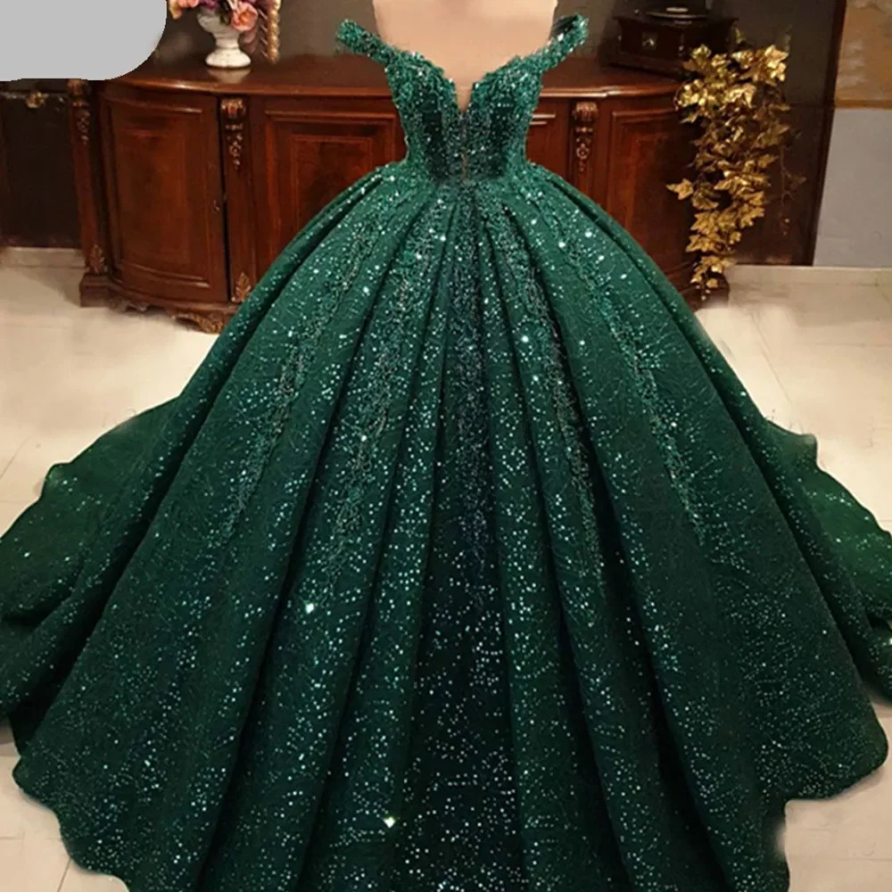 Arab Muslim Green Glitter Beaded Ball Dress Off Shoulder V-neck Lace Evening Dress Sweeping Train Robe Customization