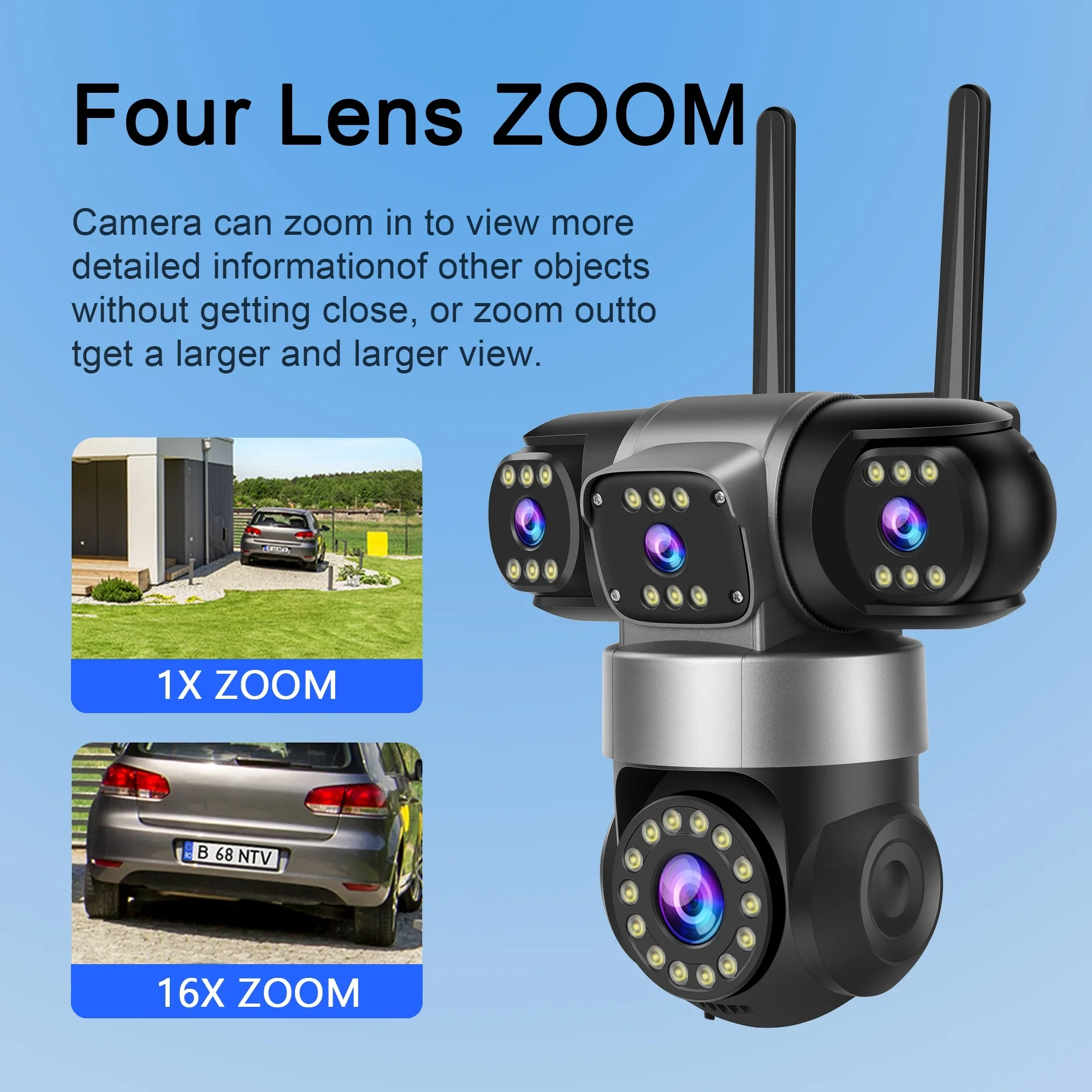 AIOOK Outdoor Camera HD Four Lens 20MP WIFI Night Vision Waterproof Video Camera 16X ZOOM Motion Tracking Two Way Intercom CCTV
