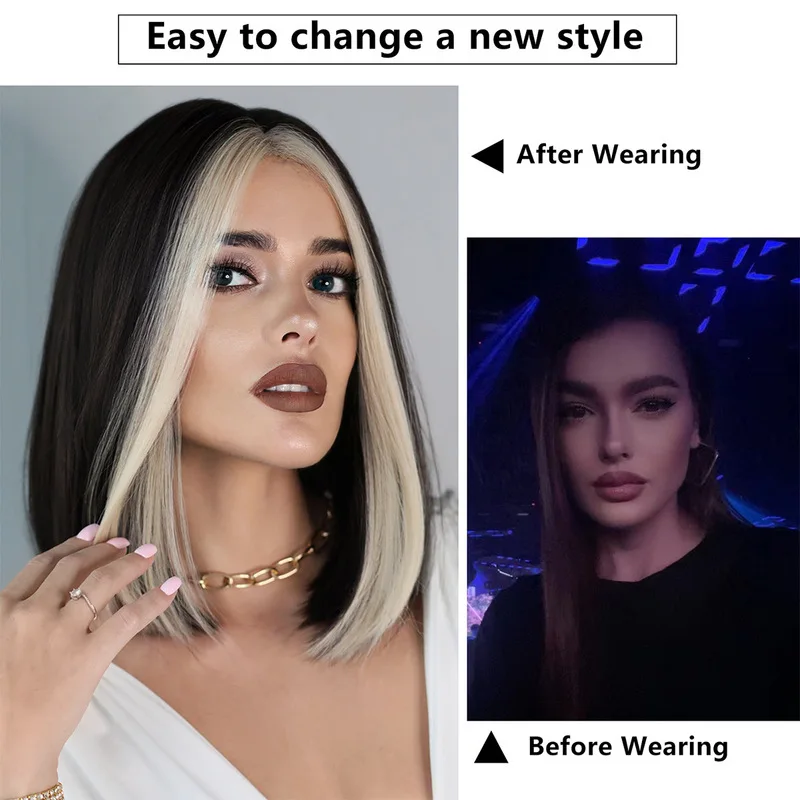 Cross-border women's shoulder-length full-head golden highlights small T-part lace synthetic fiber hand-woven wig wholesale