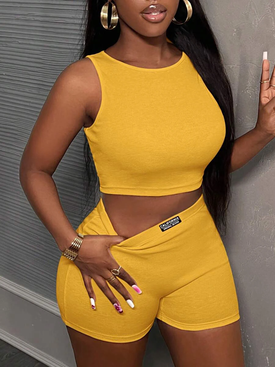 

Trendy Turmeric Ribbed Two-Piece Set Women's Crop Top and Shorts Sporty Casual Set Streetwear Nightclub Outfit