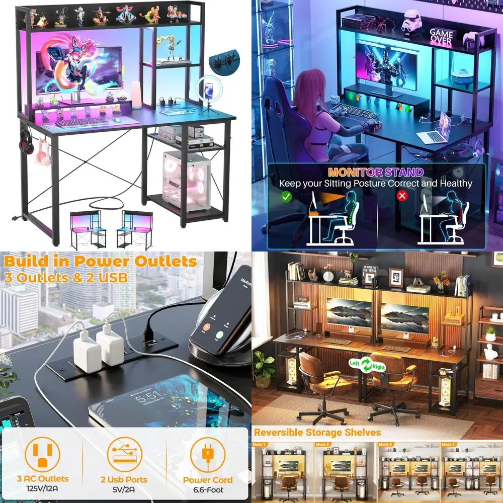 

39 LED-lit Computer Desk with Power Outlets and Reversible 5-Tier Storage for Home Office