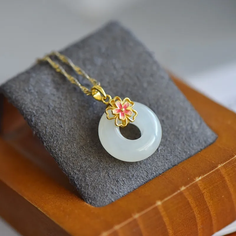 S925 Silver Inlaid With Hetian Jade Peace Ring Petal Pendant Jade Leaf Pendant Necklace Jade Ornament
