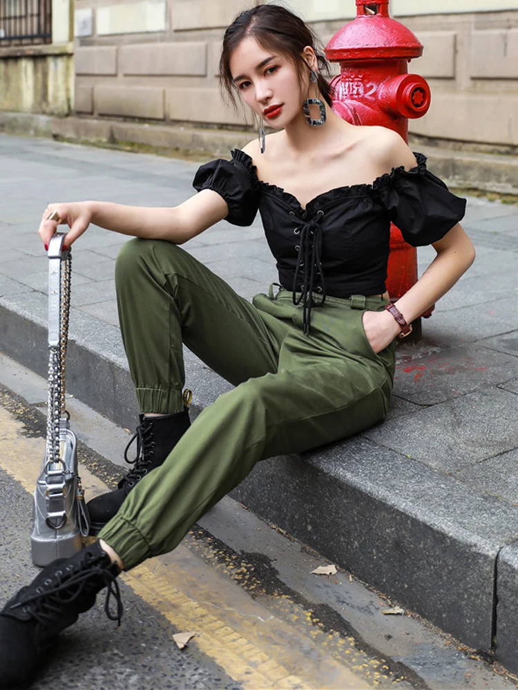 Vangull-女性用カジュアルアーミーカーゴパンツ,ハイウエスト,ゆったりとしたジョギング,ストリートウェア,ポケット,ジッパー,パンク
