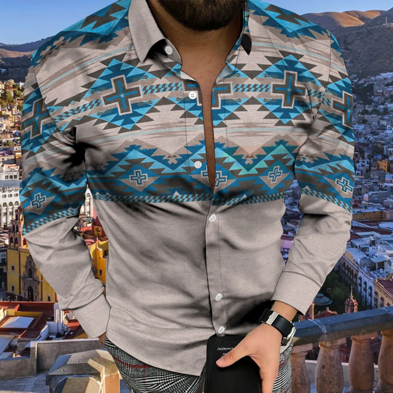 Fashion Long Sleeve Men Shirts Slim Fit Social Casual Aztec Ethnic Rockabilly 3D Print Dress Camisas Flower Retro Plaid Blouse