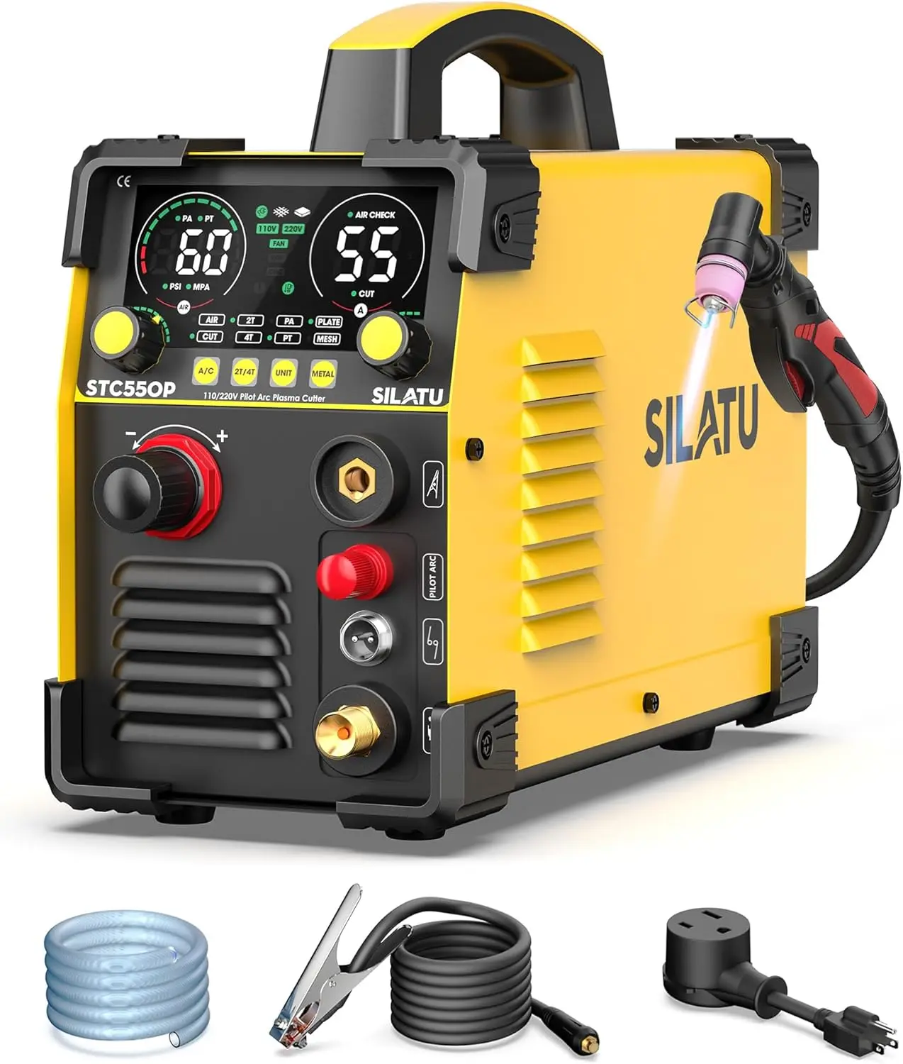 

55A Plasma Cutter, STC550P HF Non-Touch Pilot Arc, 110/220V Dual Voltage LED Display Air Sensor, 1/2'' Clean Cut for DIY