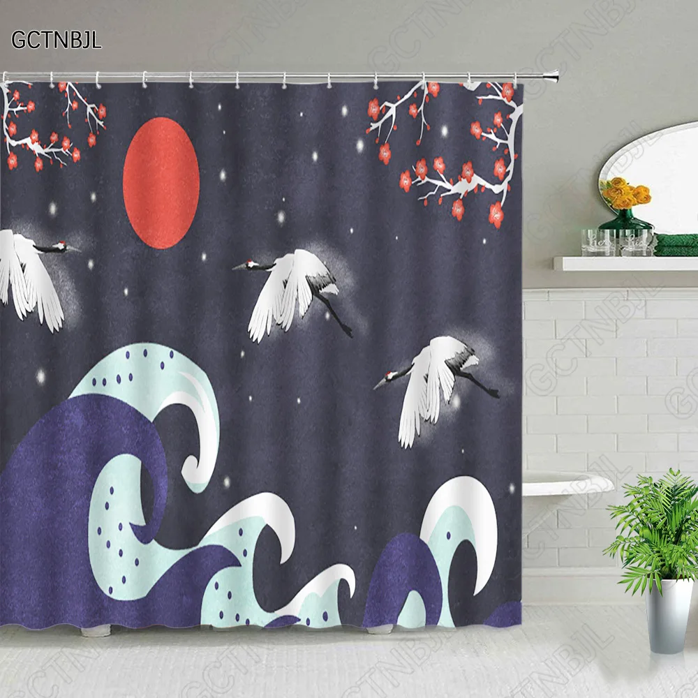 Japanese Shower Curtain crane Red Sun waves Illustration Print Asian Fabric Decor Bath Curtain Bathroom Accessories Sets Hooks