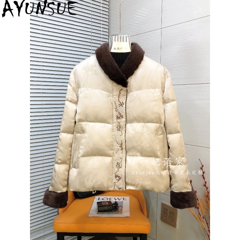 AYUNSUE White Goose Down Jacket Woman Mink Fur Embroidered Outerwear Fashion Short Jackets Warm Women Winter Coat Ropa Mujer