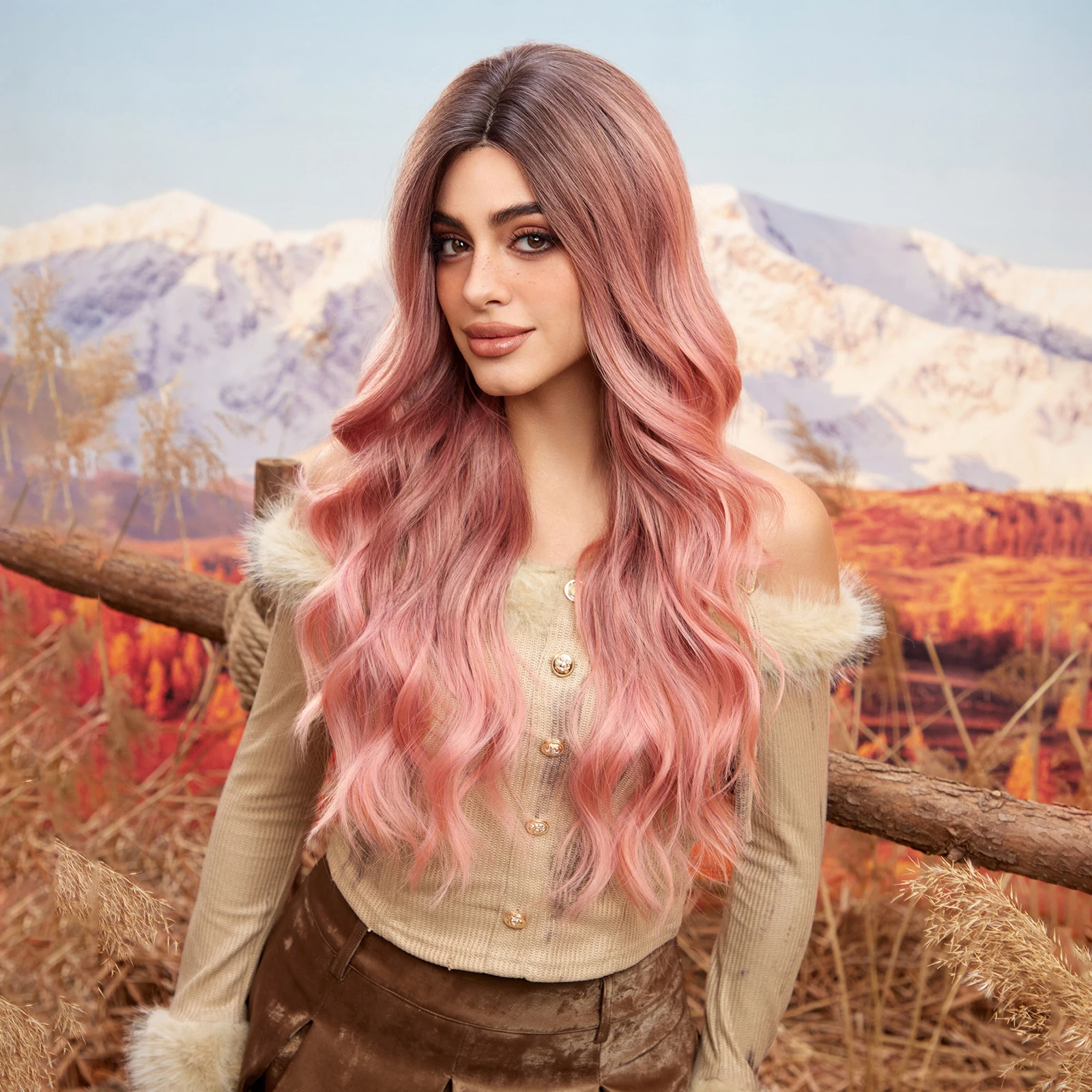 CharmSource Hairline Lace Wigs Ombre Pink Syntetyczne długie faliste peruki z kręconymi włosami z ciemnym korzeniem dla kobiet Cosplay Peruka z