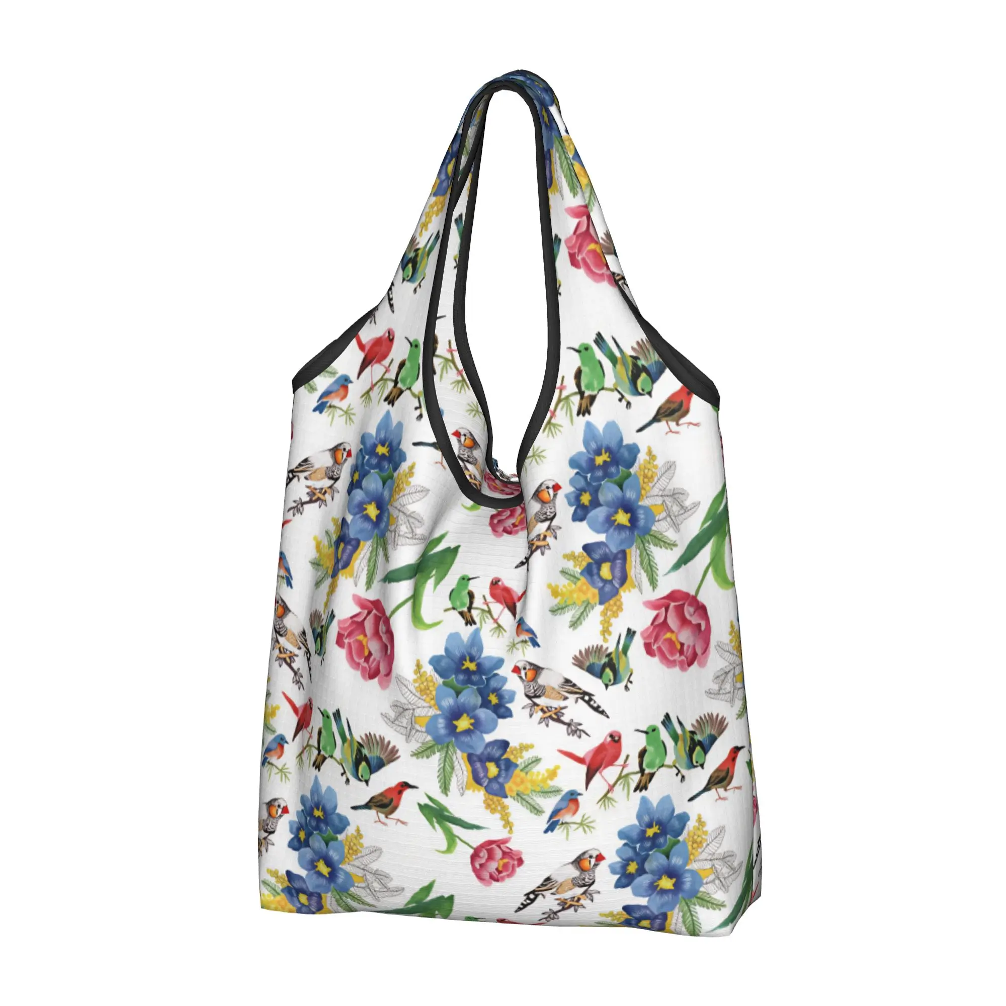 Funny Luxury High Watercolor Style Birds And Flowers Shopping Tote Bags Portable  Groceries Shoulder Shopper Bag