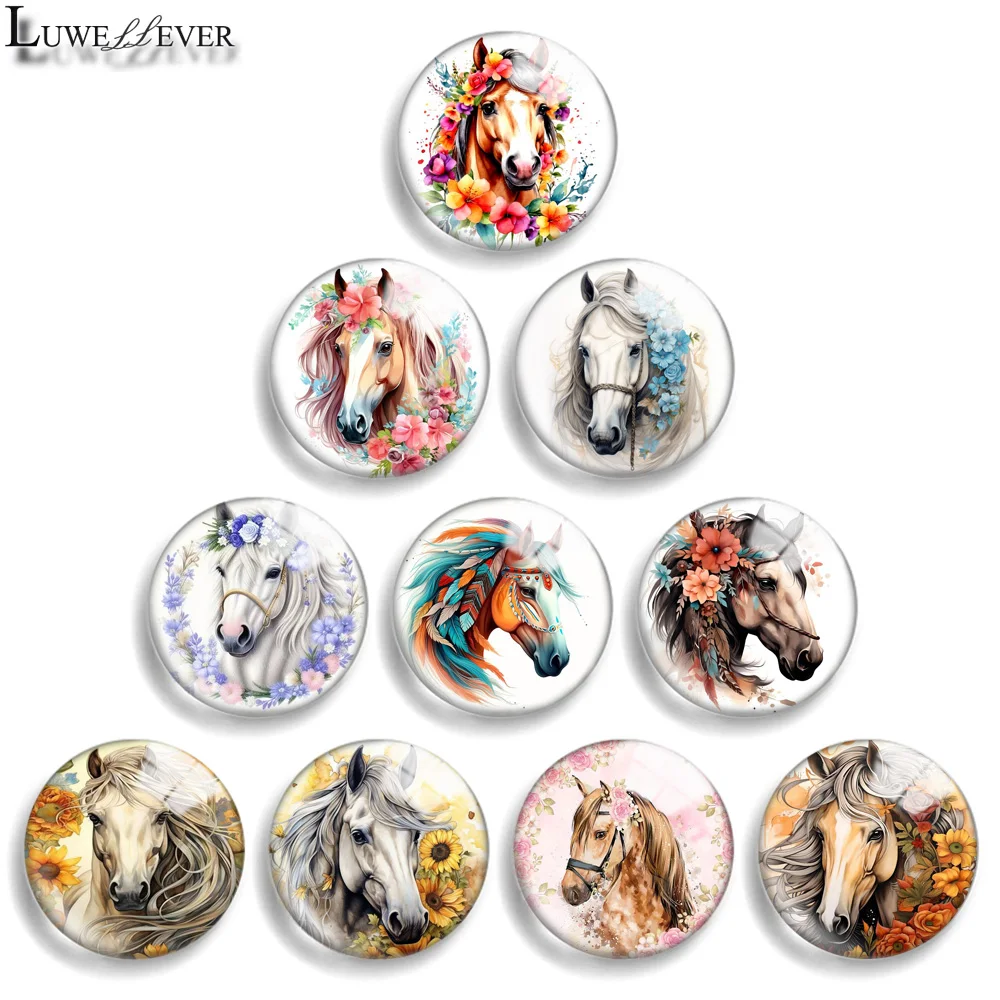 12mm 10mm 20mm 25mm 30mm 40mm 924 Horse Mix Round Glass Cabochon Flat Jewelry Finding 18mm Snap Button Charm Bracelet