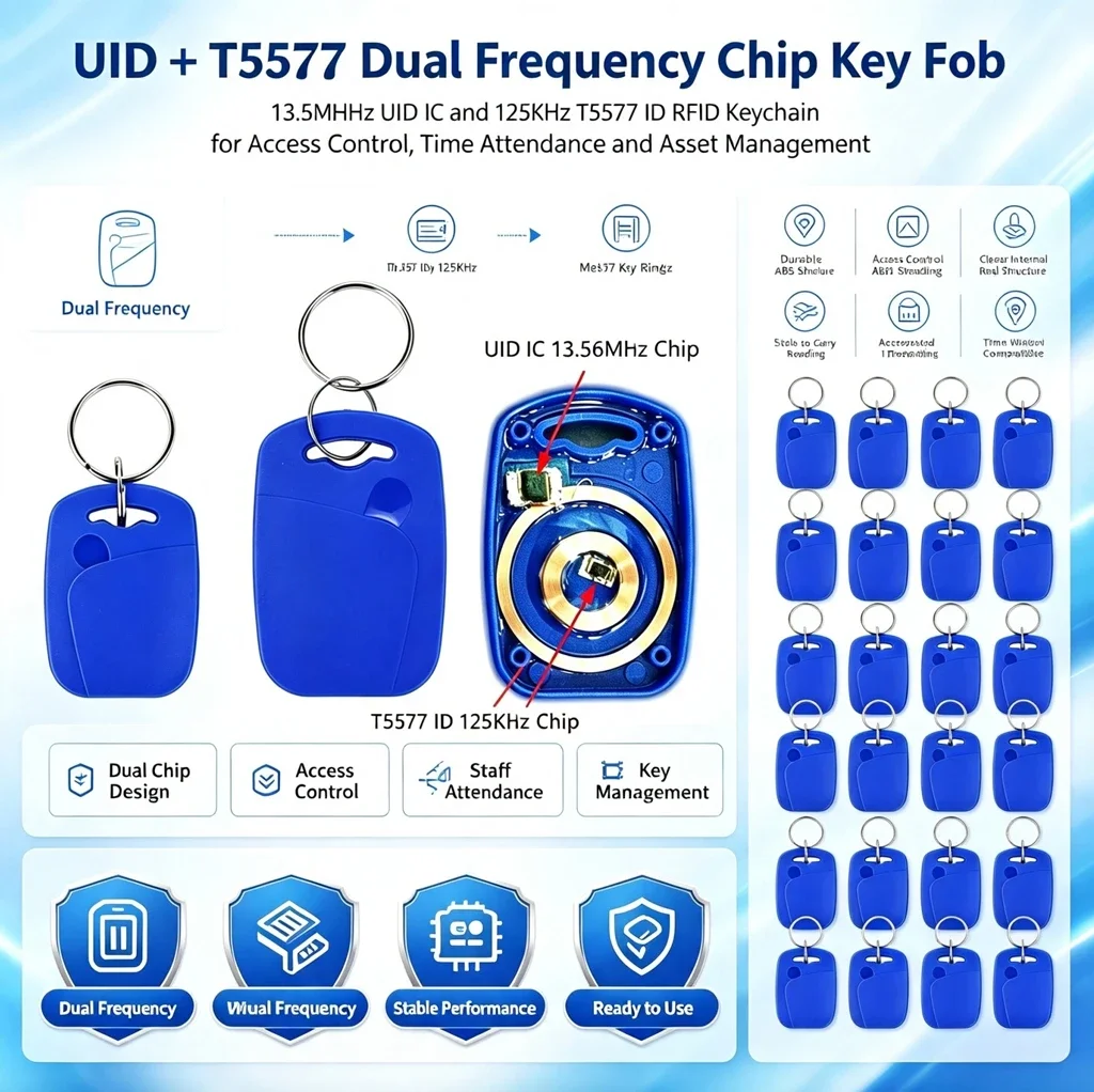 10pcs 2 In 1 Dual Chip Frequency RFID Keyfob 125KHZ T5577 +13.56MHZ UID Rewritable Composite Access Control Key Tags IC+ID