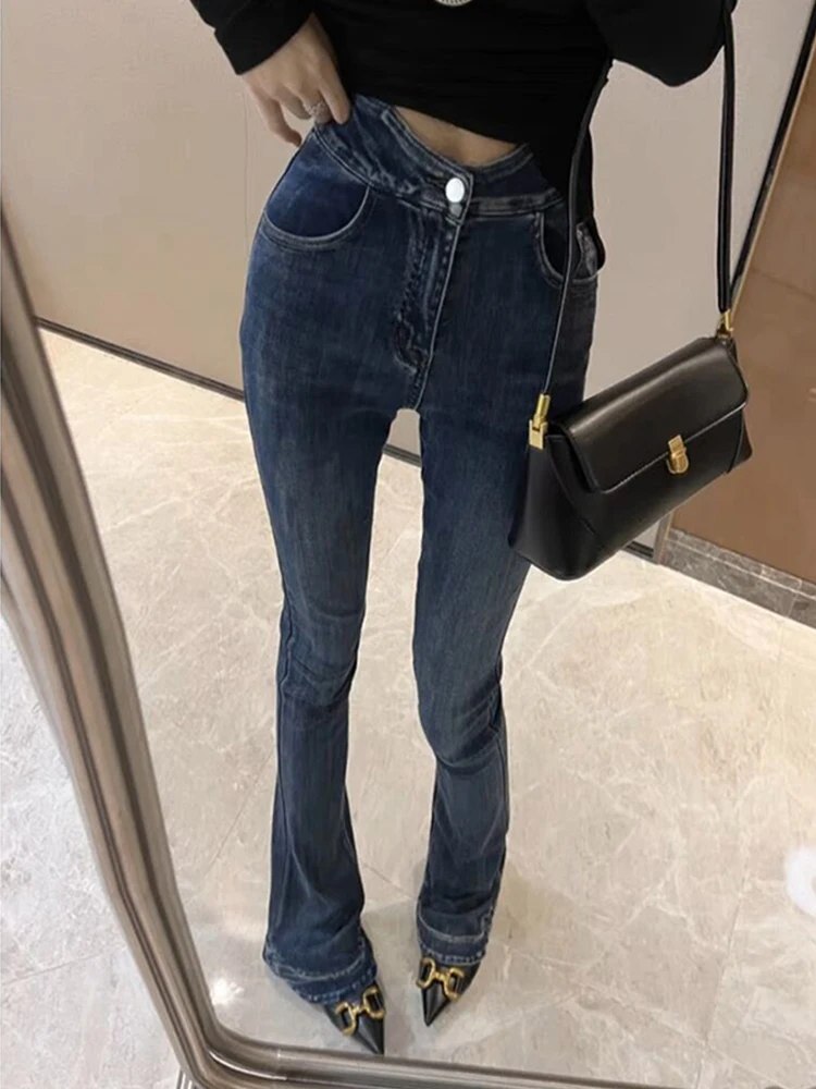

Джинсы женские с высокой талией, удлиненные, темно-синие, микро-клеш, для весны и осени, облегающие, в американском уличном стиле, длиной в пол