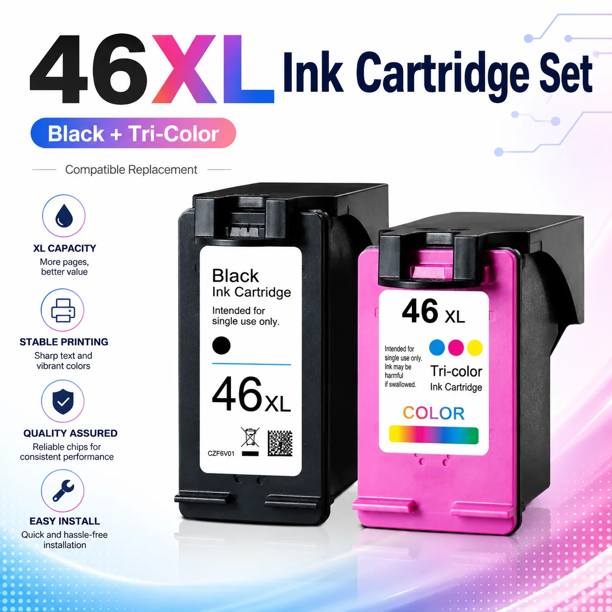46XL Compatible Ink Cartridge Replacement for HP DeskJet 2020hc 2520hc 2029 2529 4729, Black & Tri-Color