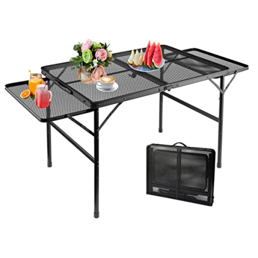 

Large Folding Camping Table with Metal Mesh Grill 2 Wing Panels 2 Adjustable Heights Expandable Shelves Lightweight Outdoor Pic