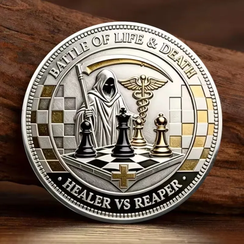 2D Gold Plated Battle of Life and Death Commemorative Coin Healer VS Reaper Challenge Coin Metal Souvenir Token 40mm Round