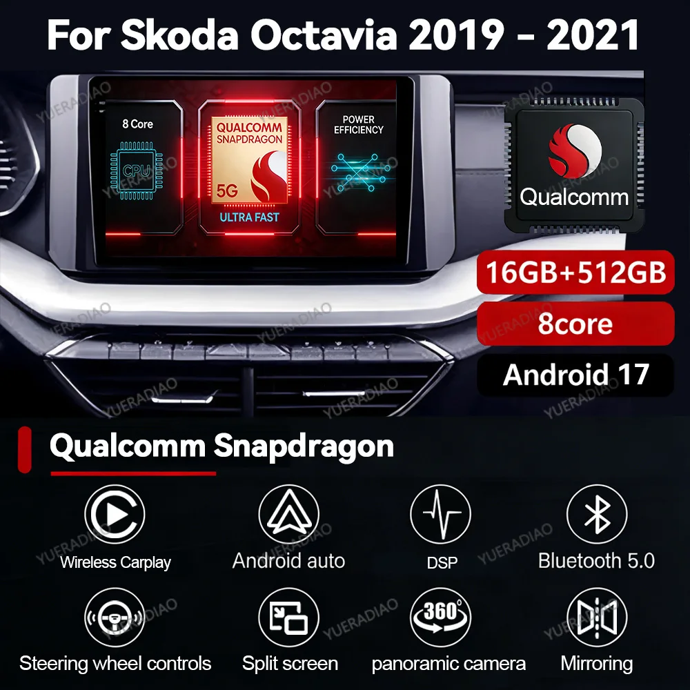 Android 17 Car Radio For Skoda Octavia 4 A8 2019 - 2021 Head Unit 4G WIFI Multimedia Stereo Video Player GPS NAVI 2DIN QLED BT