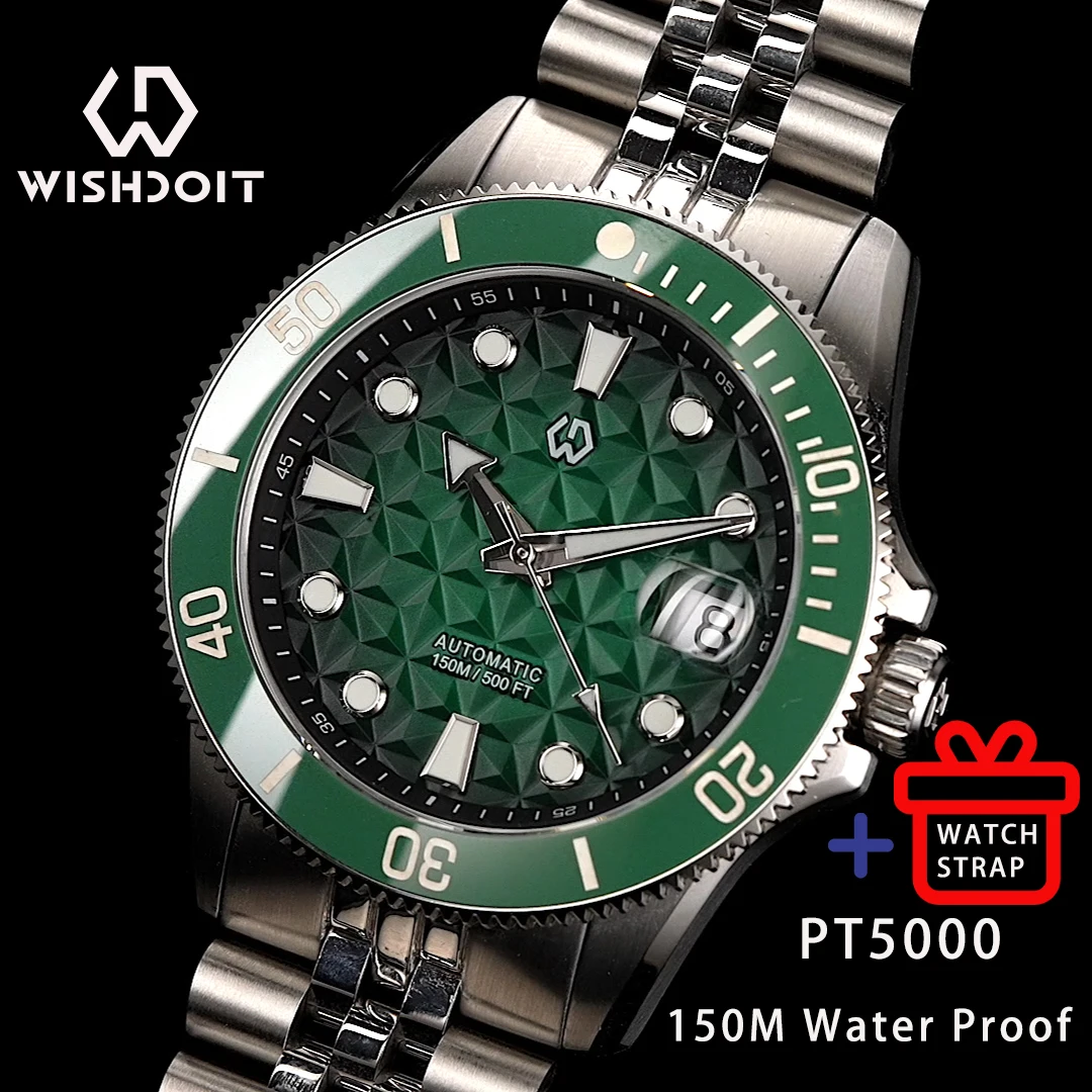 

WISHDOIT Men's Classic Style PT5000 Ceramic Bezel Mechanical 150 Depth Waterproof Advanced Diving Watch+Rubber Strap