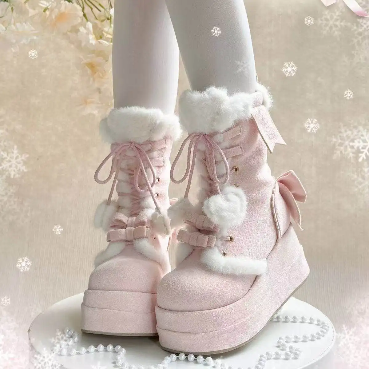

Теплые зимние сапоги на толстой подошве с бантом и перекрестными ремешками в стиле лолита, увеличивающие рост, в японском стиле для милых девушек