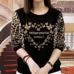 Women's Casual Butterfly Letter Printed T-shirt 2023 Spring Autumn Maple Leaves Chic Diamonds Leopard Spliced O-Neck Pullovers