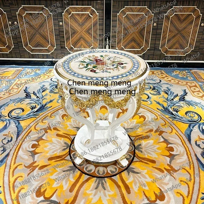 

French solid wood small coffee table European shell veneer small round table living room sofa carved tea table