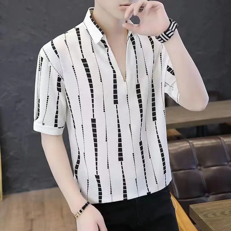 Men's Summer Polo Shirt Lightweight Short Sleeve Striped Casual Top Breathable Turnover Collar Loose Fit Mid Youth