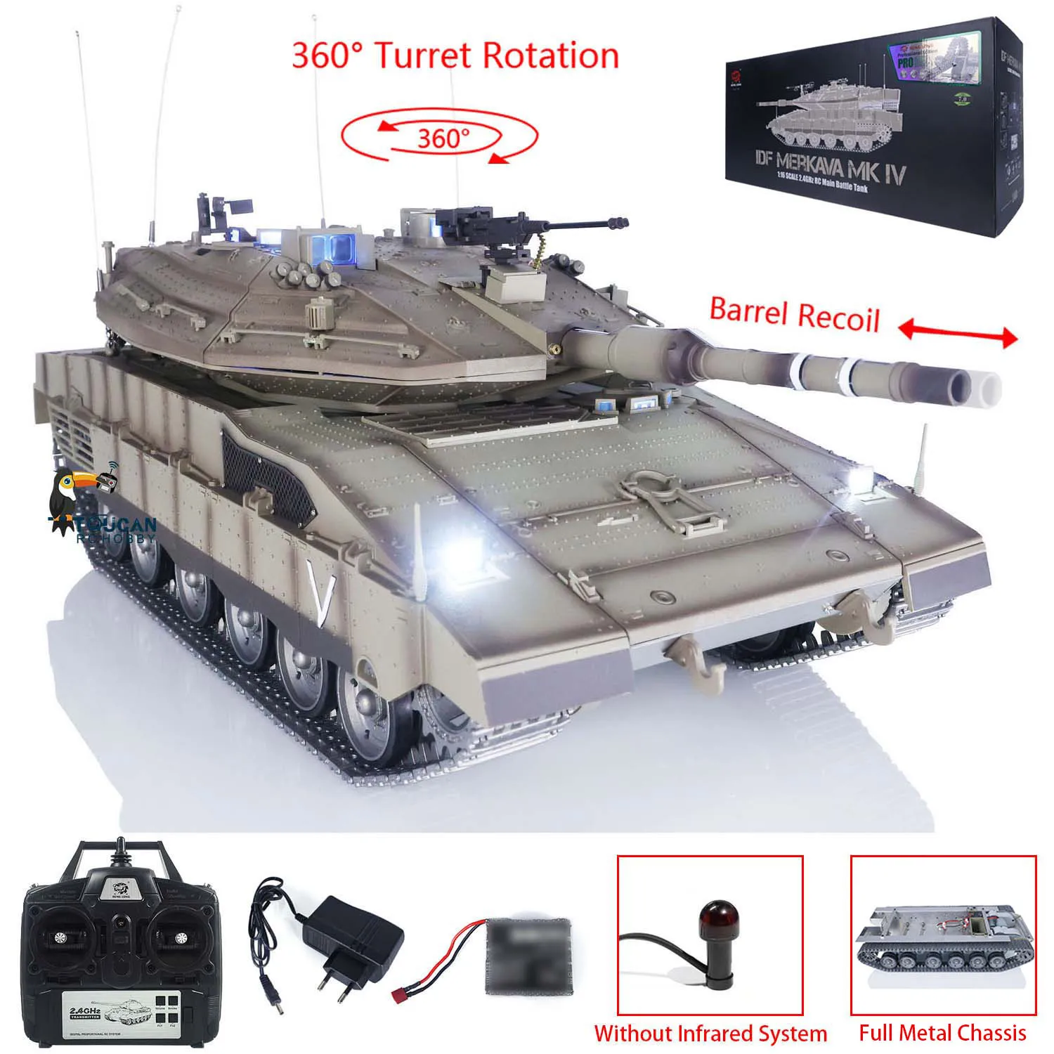 

RC Battle Tank Heng Long 1/16 IDF Merkava MK IV Full Metal Chassis TK 7.0 Barrel Recoil Laser Aiming Gearbox TH22666