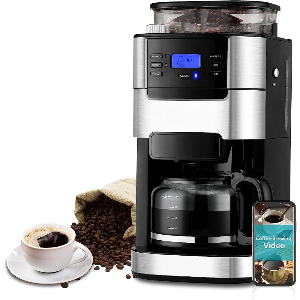 Koffiemolen, 10-Cup & 1.5l Waterreservoir, Programmeerbaar Malen & Brouwen, Houd Warme Braammolen Combo, Koffiebonenmolen