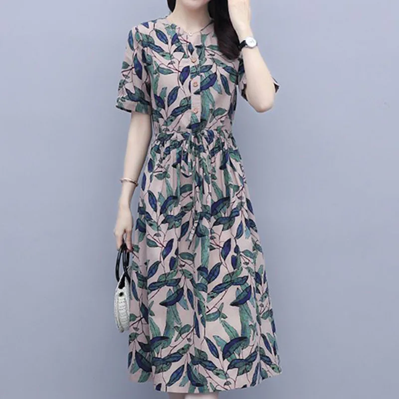 

Korean V-Neck Splicing Button Short Sleeve A-line Skirt Summer Clothes for Women Fashion Leaf Print Lacing Cotton Linen Dress