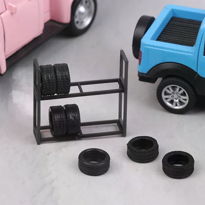 Soporte de exhibición de estante de neumáticos a escala 1:64 y 7 Uds. De neumáticos, accesorio de escena de garaje de coche modelo, juego de herramientas de taller de reparación, accesorio en miniatura
