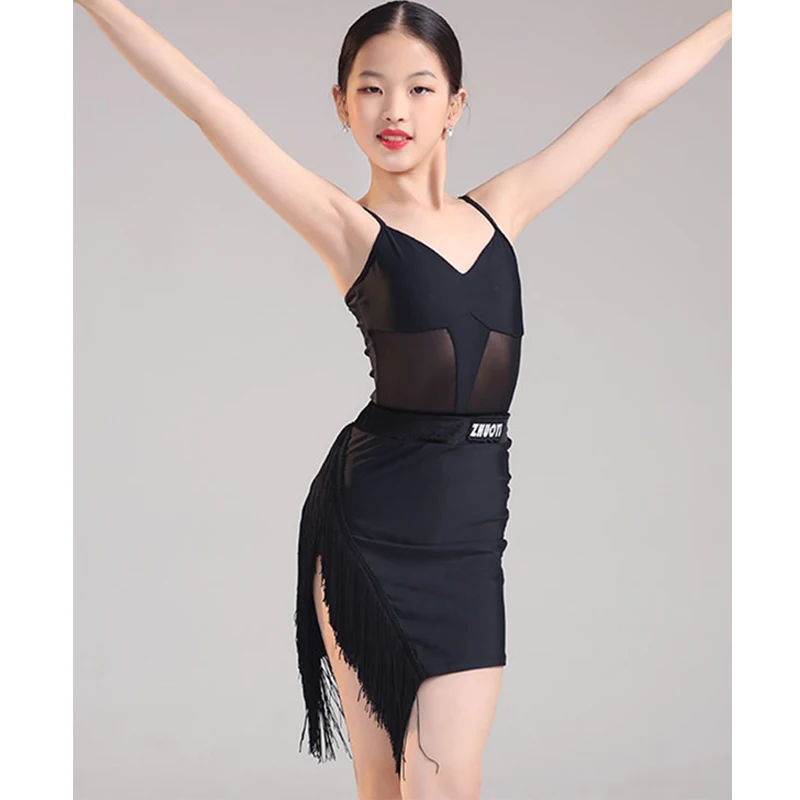 

New Latin Dance Dress For Girls Black Fringe Dress Suit Summer Kids Latin Training Wear Rumba Samba Cha Cha Dance Dress DNV19402