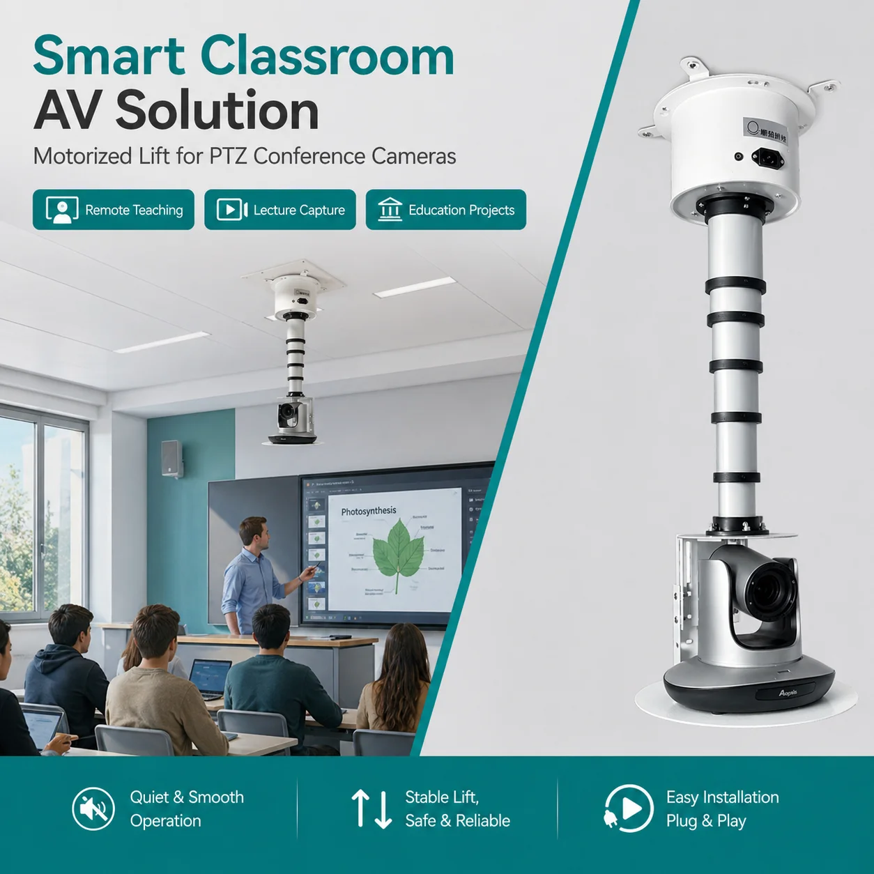 Custom AV Solution Ultra-Silent Motorized Ceiling Lift Conference Projector Meeting Rooms Cold Rolled Steel Remote Control
