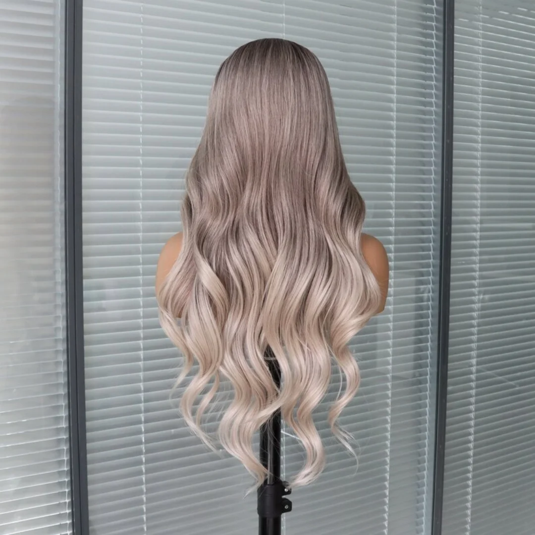 Aschblonde Perücke mit Pony, gewellt, Ombré-Braun bis Blond, Perücke mit Pony, synthetische Lace-Front-Perücken für Frauen, Cosplay-Verwendung