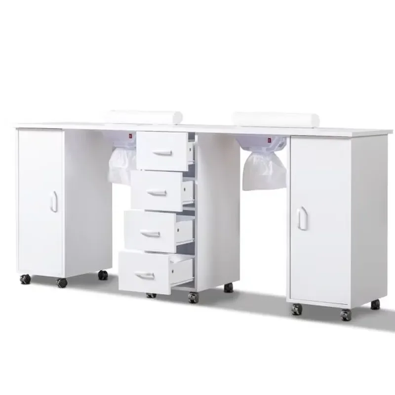 White Double Manicure Table for Nail Salon Spa Station with Electric Dust Collector Wrist Support Removable Nail Tech Table