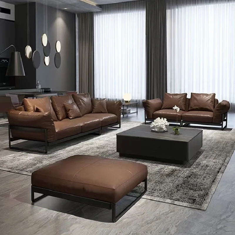 ey-Industrial Style Living Room Sofa Simple Leather Goose Down Sofa#
