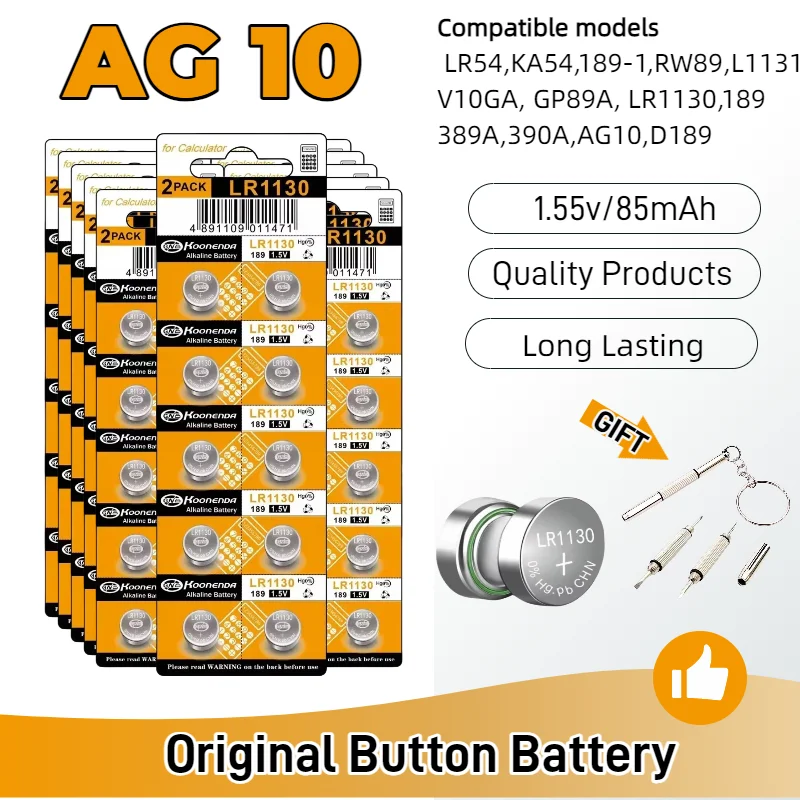 

AG10 SR1130SW LR1130 LR54 High Capacity 1.55V Button Coin Cell Watch Battery 0%Hg Mercury Free for Watch Toys Remote with gift